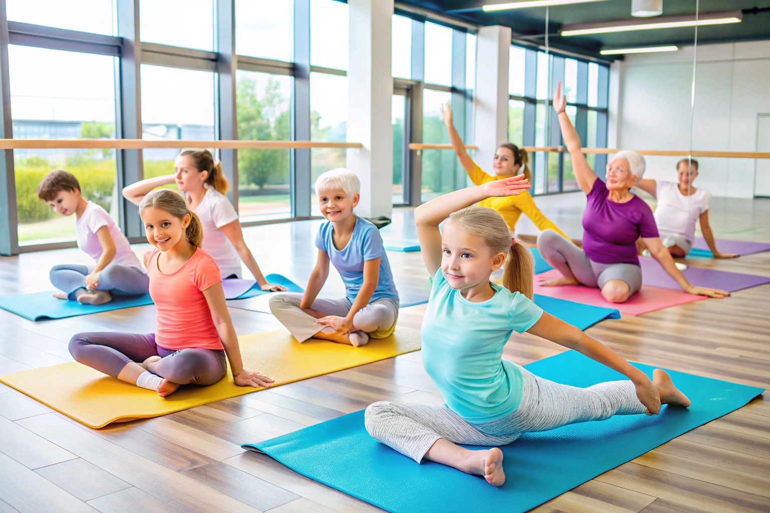 grupa osób w różnym wieku ćwicząca gimnastykę na macie w jasnym pomieszczeniu z lustrami