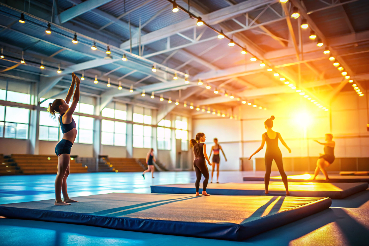 Abstrakcyjna scena przedstawiająca bezpieczne warunki treningu gimnastycznego, z rozmytymi sylwetkami osób ćwiczących na miękkich matach, w otoczeniu delikatnego światła, bez żadnych napisów czy symboli