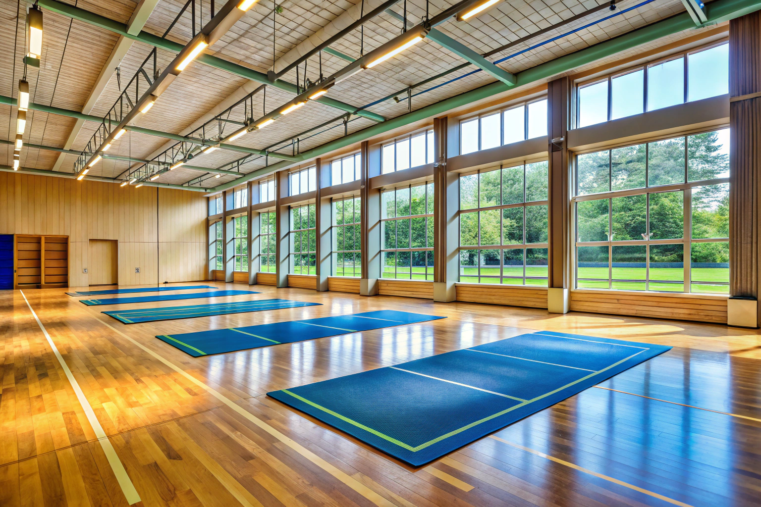 Przestronne wnętrze sali gimnastycznej z jasnym drewnianym parkietem, na którym leżą niebieskie maty do ćwiczeń, w tle widać okna z widokiem na zielony park, bez ludzi ani napisów