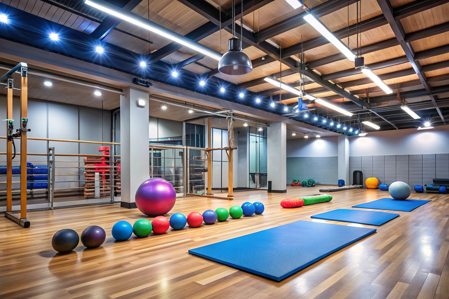 Widok nowoczesnej sali gimnastycznej z jasnym oświetleniem, pokazujący różnorodne sprzęty takie jak mata do ćwiczeń, drążek gimnastyczny i piłki, bez osób w tle