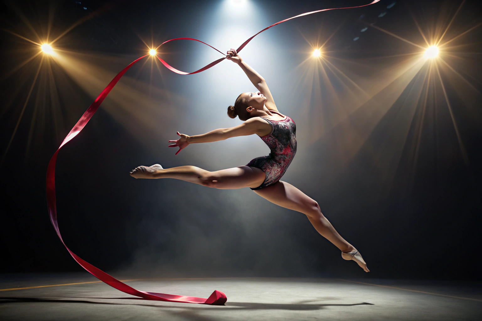 Gimnastyczka wykonująca elegancki skok z wstążką, unosząca się nad miękkim podłożem w stonowanym świetle