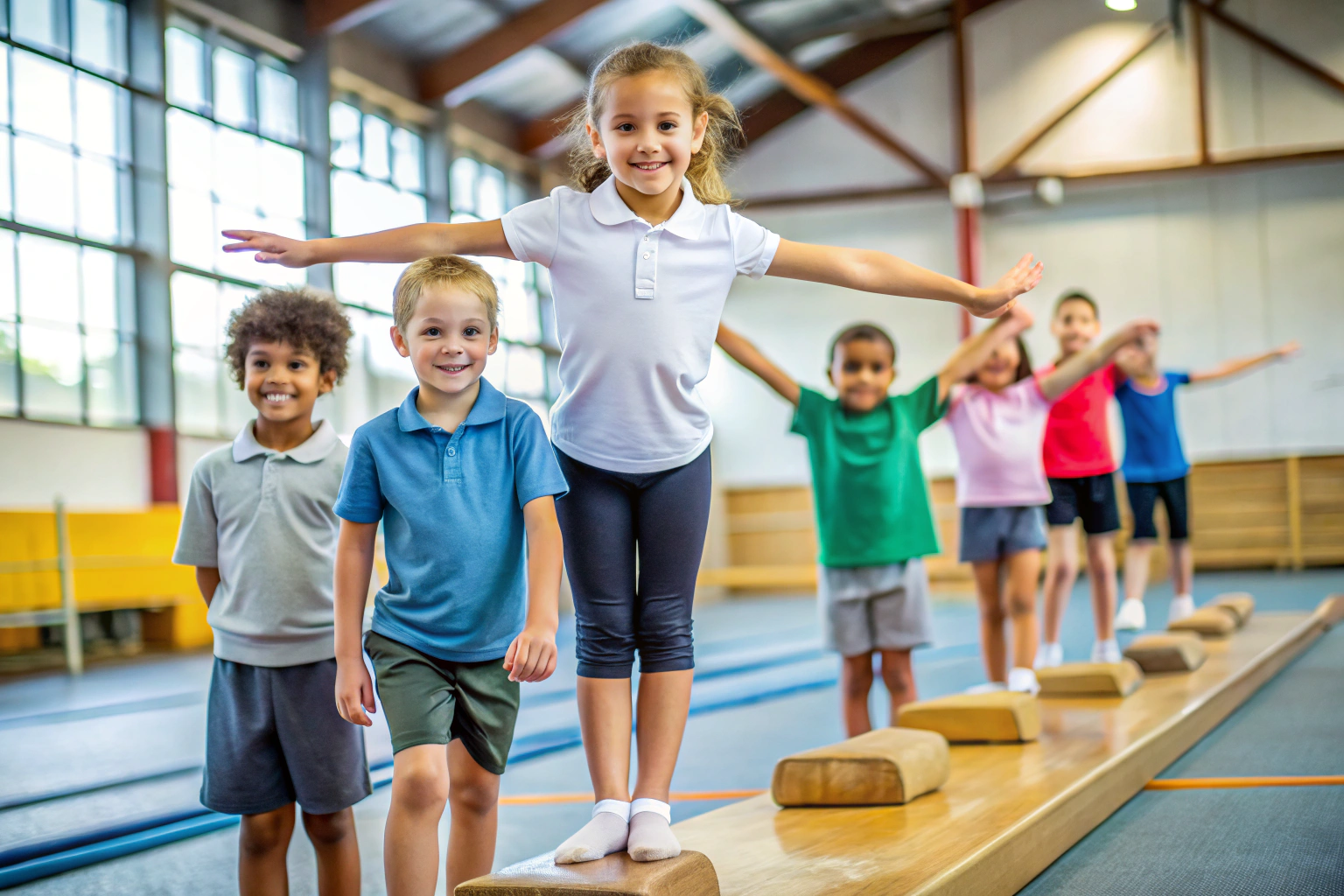 Dzieci w wieku szkolnym ćwiczące na równoważni w sali gimnastycznej, uśmiechnięte i skupione, w tle inne dzieci na macie, bez żadnych napisów